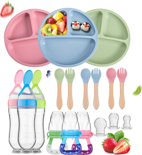 TYRY.HU Kindergeschirr-Set aus Silikon in Blau mit Saugnapf-Essteller, Holzgriff, Gabel, Löffel und Silikon-Flasche - Bild 1