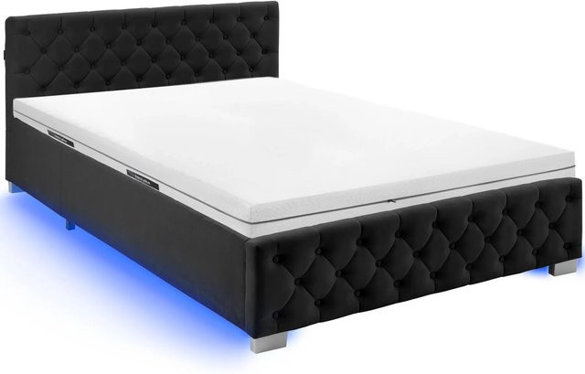 Tectake Polsterbett in Samtoptik mit Steppmuster und Matratze, Schwarz, H x B x T: 215 x 148 x 83 cm - Bild 1