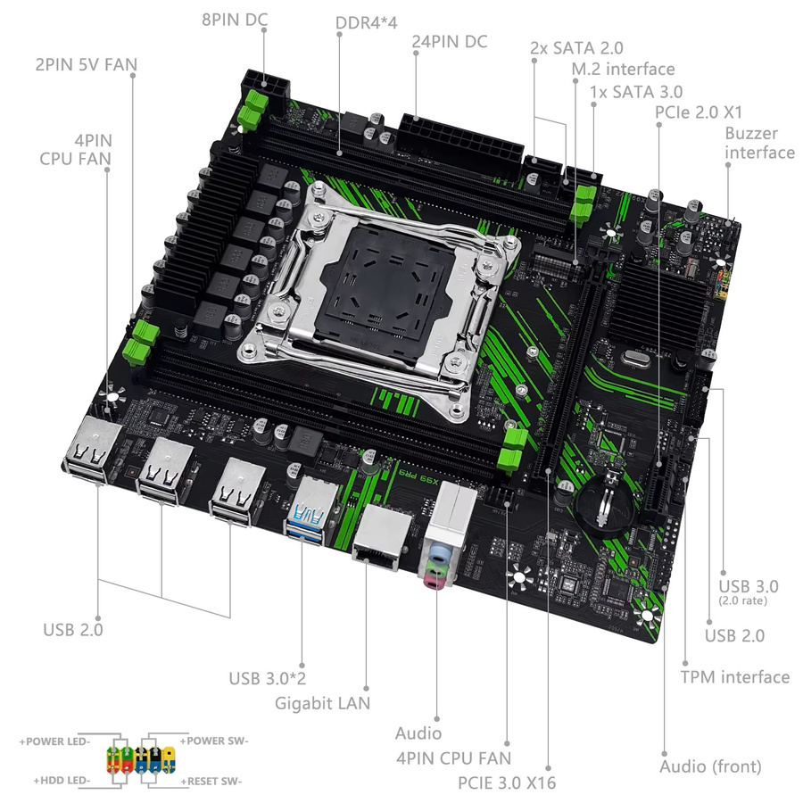 MACHINIST PR9 X99 Motherboard mit TPM2.0 Modul, unterstützt Intel Xeon E5 2680 V3 CPU, DDR4 RAM Dual-Channel und USB 3.0, Schwarz - Bild 3