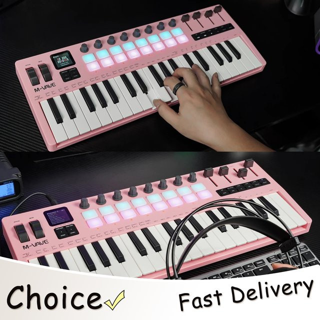 M-VAVE SMK-37 PRO MIDI-Controller in Pink mit 37 Tasten, 16 RGB-Pads und eingebautem Synthesizer - Bild 1