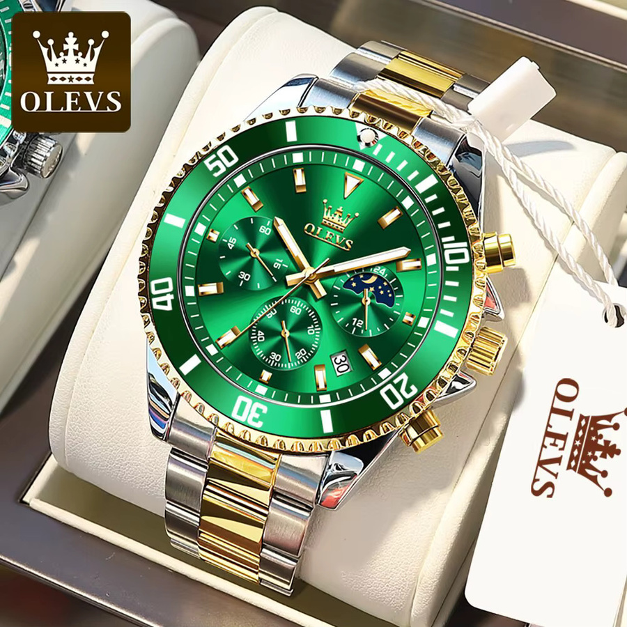 Olevs Armbanduhr Edelstahl, Quarz, Datum, Grün, Herren - Bild 1