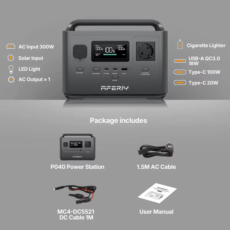 Aferiy AF-P040 Tragbare Powerstation in Schwarz mit 400W/256Wh LiFePO4, 300W AC & 120W Solarladung für Camping, Wohnmobil und Outdoor-Backup - Bild 4