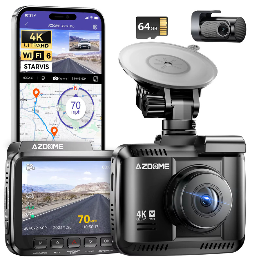 AZDOME Dash Cam GS63H 4K UHD Auto Kamera mit integriertem GPS, Wi-Fi, Starvis Sensor, 2,4 Zoll Bildschirm und Nachtsicht in Schwarz - Bild 1