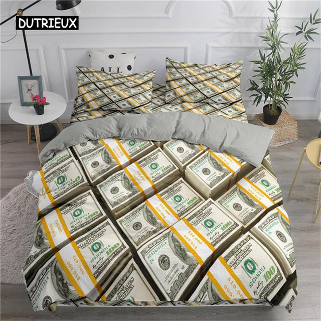 Bettbezug und Kissenbezug Set aus Mikrofaser mit Dollar-Scheine Ben Franklin Design in Grün, B/H: 135 x 200 cm - Bild 1