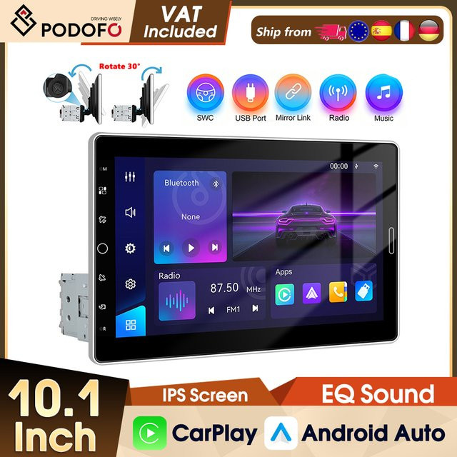 Podofo 1DIN CarPlay Autoradio mit Android Auto, Mirror Link, Bluetooth, USB und AUX-IN in Schwarz - Bild 1