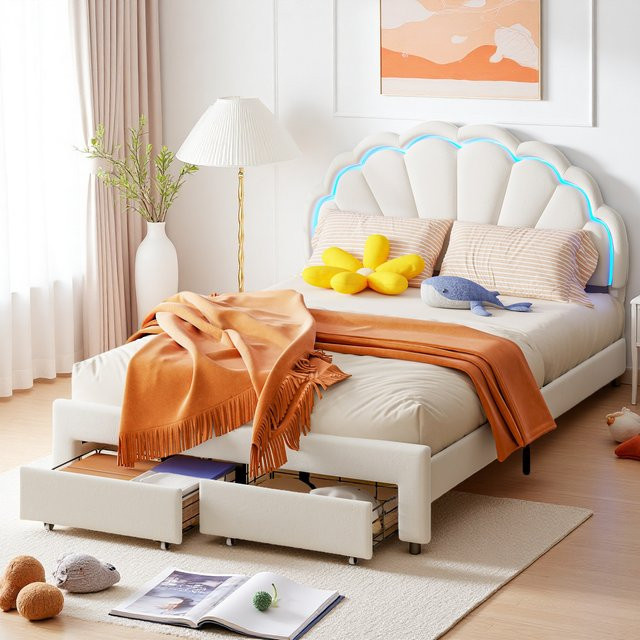 Comanlai Samtbet für Kinder mit Blütenblatt-Kopfteil, Lichtleiste und Aufbewahrungsschublade, Farbe: Weiß, B/T/H: 90 x 200 cm - Bild 1