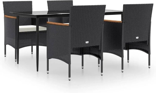 vidaXL 5-teilige Garten-Essgruppe aus PE-Rattan und Akazienholz in Schwarz mit cremeweißen Kissen und Hartglastisch - Bild 1
