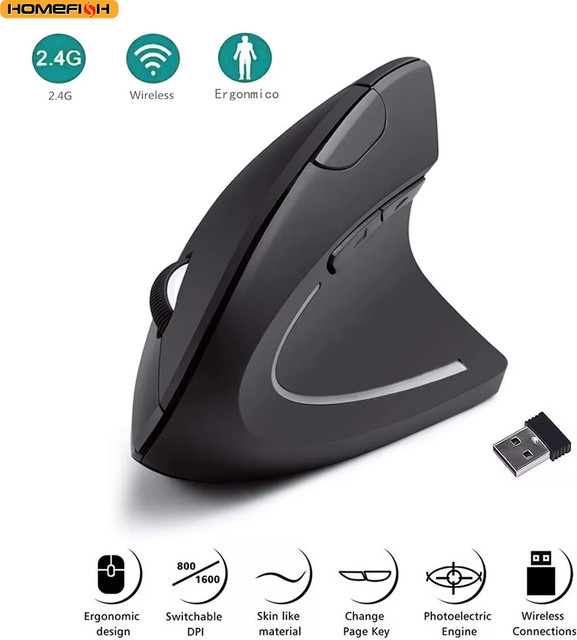 HOMEFISH Vertikale Ergonomische Funkmaus in Schwarz mit 2,4-GHz-Technologie, optischem Sensor und 3 einstellbaren DPI-Werten (800/1200/1600) für PC und Laptop - Bild 1