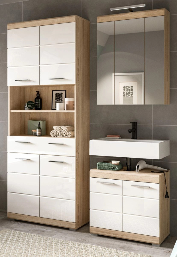 Inn.Furn Badmöbel Set Mambo 3-teilig in Weiß Hochglanz und Eiche mit Waschtischunterschrank, Spiegelschrank und Hochschrank - Bild 1