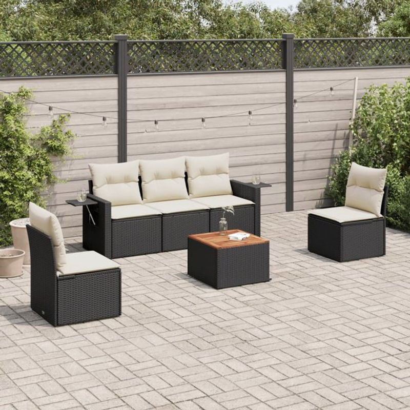 Vidaxl Gartenmöbel-Set aus Polyrattan mit Kissen, 6-teilig, Schwarz und Beige, Modernes Design - Bild 1