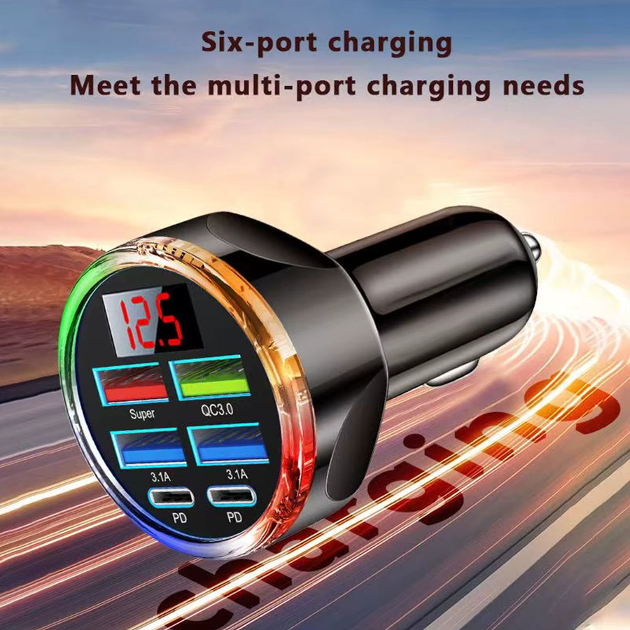 UYUXIO 6-in-1 Autotelefon-Ladegerät-Adapter mit Dual PD USB-C Ports und Voltmeter in Schwarz - Bild 4