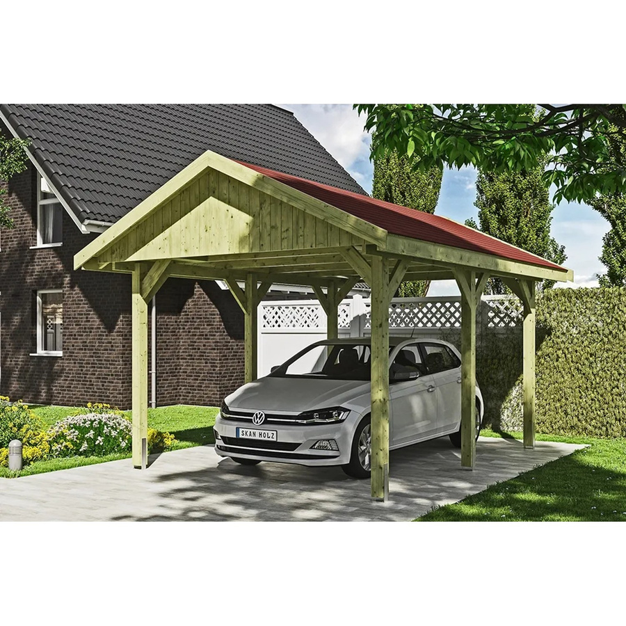 Skan Holz Carport Wallgau Satteldach in Grün mit roten Dachschindeln B: 380 cm, T: 500 cm, H: 313 cm - Bild 2
