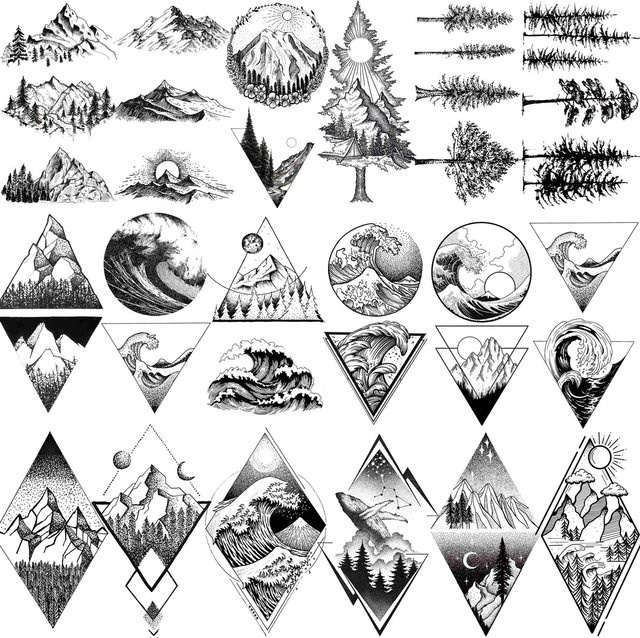 YURAN Temporäre Tattoos, Geometrie Berg, 18 Blatt, Schwarz, Grau, Unisex - Bild 1
