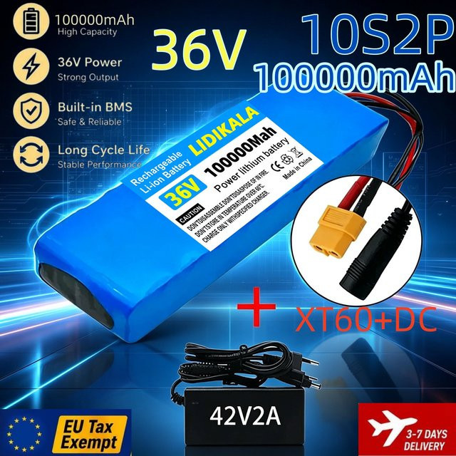 36V 10S2P 150000mAh Lithium-Ionen-Akku in Blau mit integriertem BMS, XT60 und DC-Stecker inklusive 42V 2A Ladegerät für E-Bike, Scooter und Elektrofahrrad - Bild 1