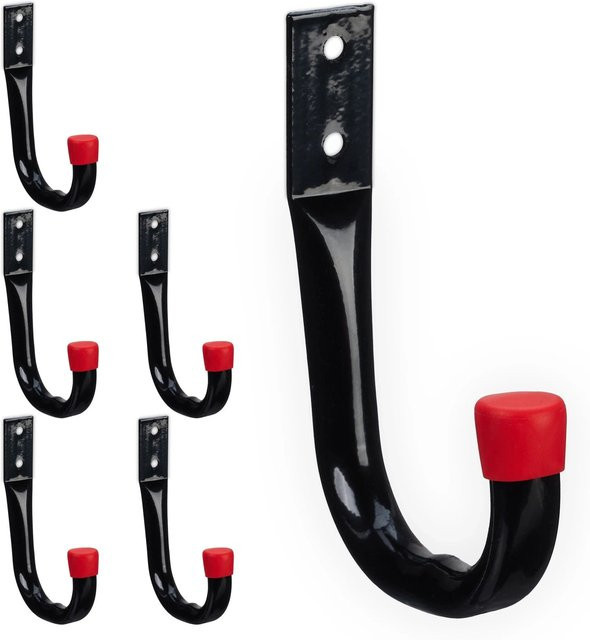 Relaxdays Wandhaken 6er Set aus Stahl und Kunststoff in Schwarz und Rot, B/T/H: 12 x 2 x 8,5 cm - Bild 1