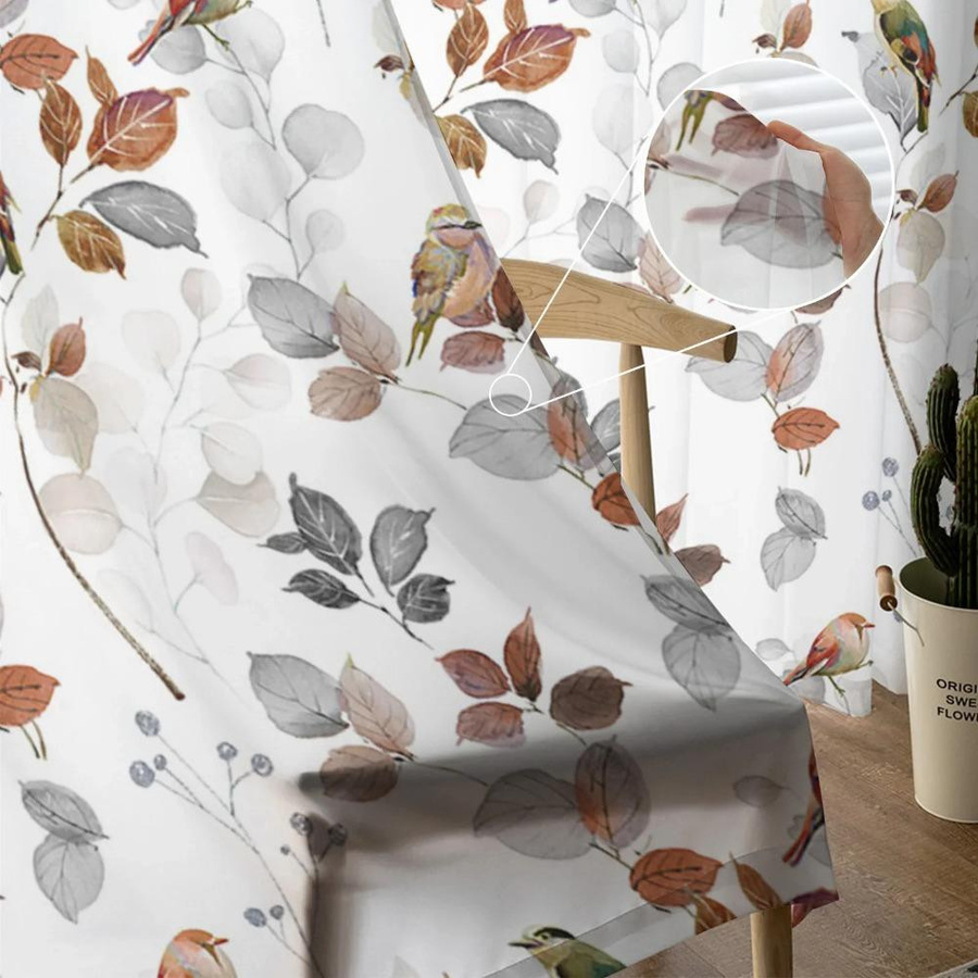 Yiran Furniture Landhausstil Gardine Robin mit Blättermuster aus transparentem Voile, Breite: 135 cm, Höhe: 115 cm - Bild 2