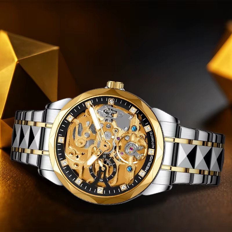 MEIRUIQI Armbanduhr, Automatik, Edelstahl, Gold, Schwarz, Herren - Bild 3