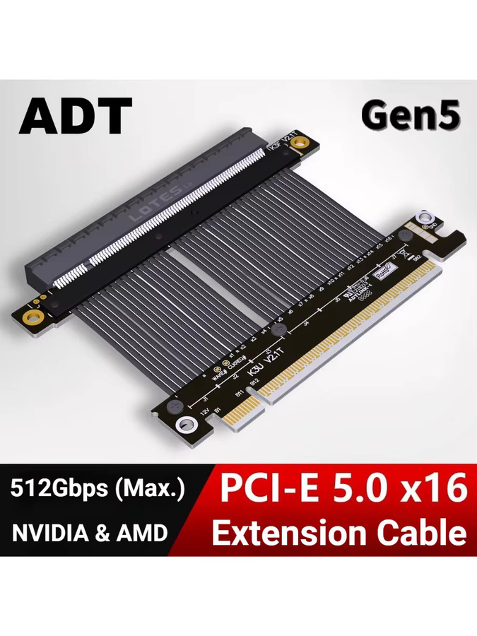 ADT-Link PCIe 5.0 x16 Riser-Kabel Schwarz Hochgeschwindigkeits GPU-Verlängerungskabel für PC-Gehäuse und Server mit 512Gbps - Bild 1