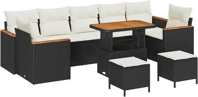 vidaXL 10-teiliges Garten-Sofa-Set aus Polyrattan in Schwarz und Beige mit Kissen und Couchtisch - Bild 1