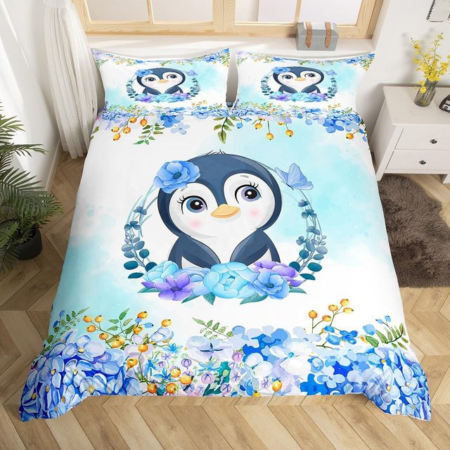 Bettwäscheset mit Pinguin-Tiermuster für Kinder, Blau, bestehend aus Bettbezug und 2 Kissenbezügen, B/H: 135 x 200 cm - Bild 1