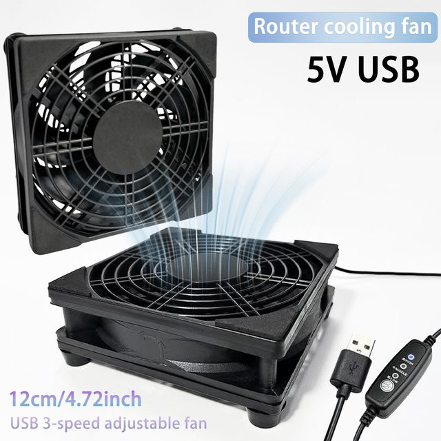 AuyiHomu USB-Router-Lüfter 120mm in Schwarz mit 3 Stufen einstellbarer Kühlung für Modem, TV-Box, PS5 und Xbox via USB-A - Bild 1