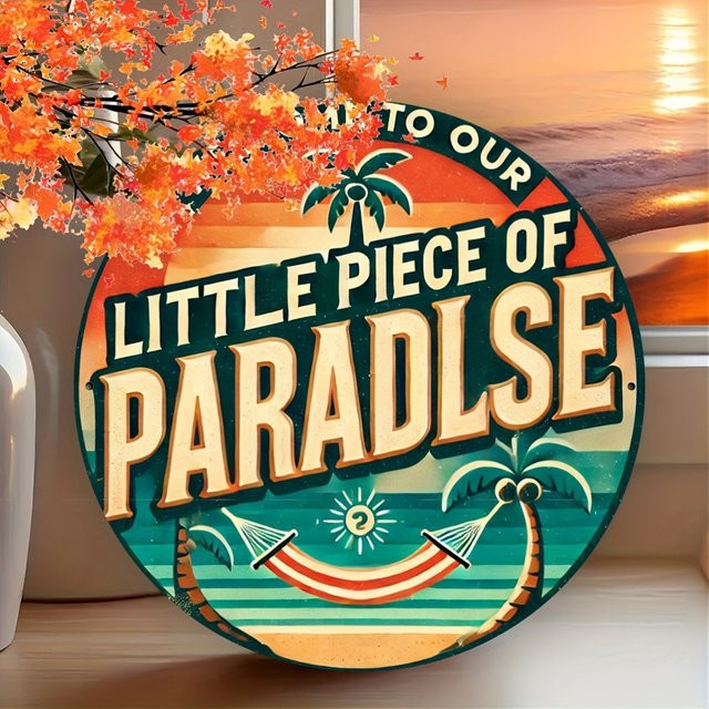 Potdemiel Vintage Aluminiumschild Welcome to Our Little Piece of Paradise Rund mit tropischem Motiv, Durchmesser: 20 cm, Mehrfarbig - Bild 1