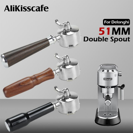 Delonghi Bodenloser Siebträger mit Doppelauslauf 51mm aus Edelstahl in Silber für die Espressomaschine Dedica EC680 EC685