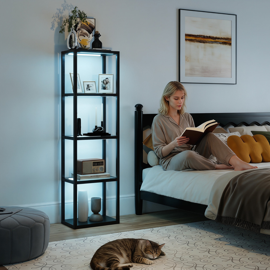 HOMCOM LED Stehlampe mit 4 Glasregalen in Schwarz, dimmbar mit Fernbedienung, Musik-Synchronisation und Timer für Wohnzimmer und Schlafzimmer - Bild 2