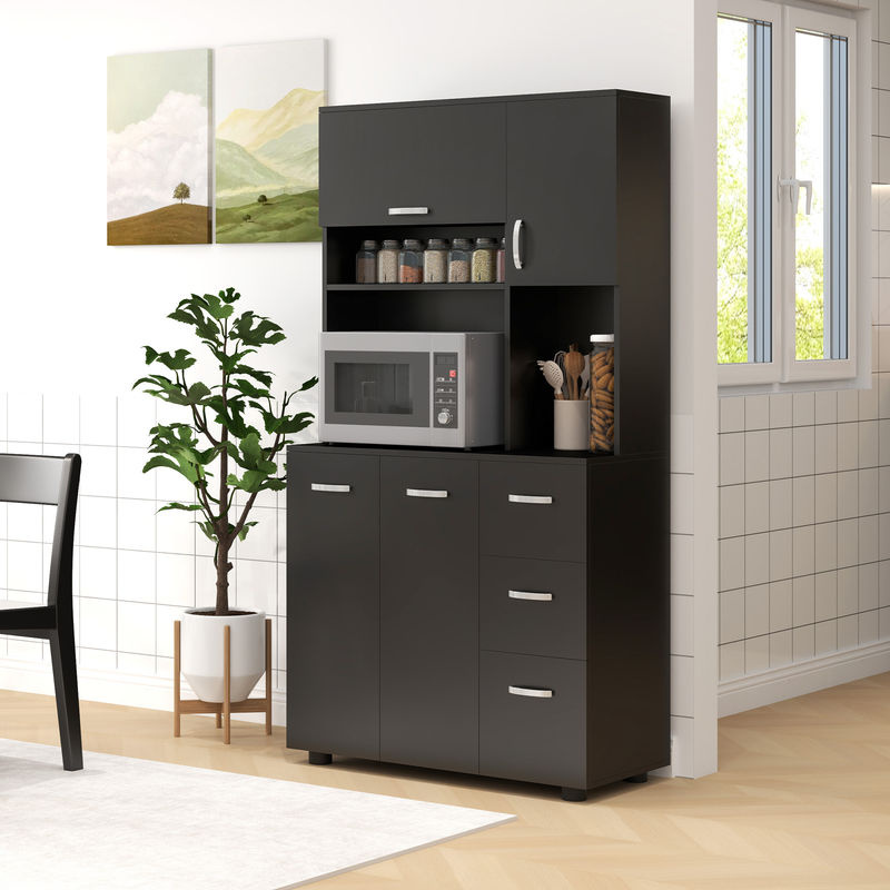 HOMCOM Küchenkommode Mehrzweckschrank mit 4 Türen und 3 Schubladen in Schwarz, B: 89 cm, T: 39,5 cm, H: 168 cm - Bild 2
