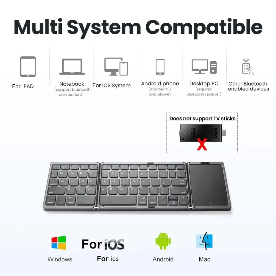KEBIDUMEI Dreifach faltbare Bluetooth-Tastatur mit Touchpad, 3-Kanal-Multi-Device-Mini-Tastatur für iOS, Android und Windows, Schwarz - Bild 6