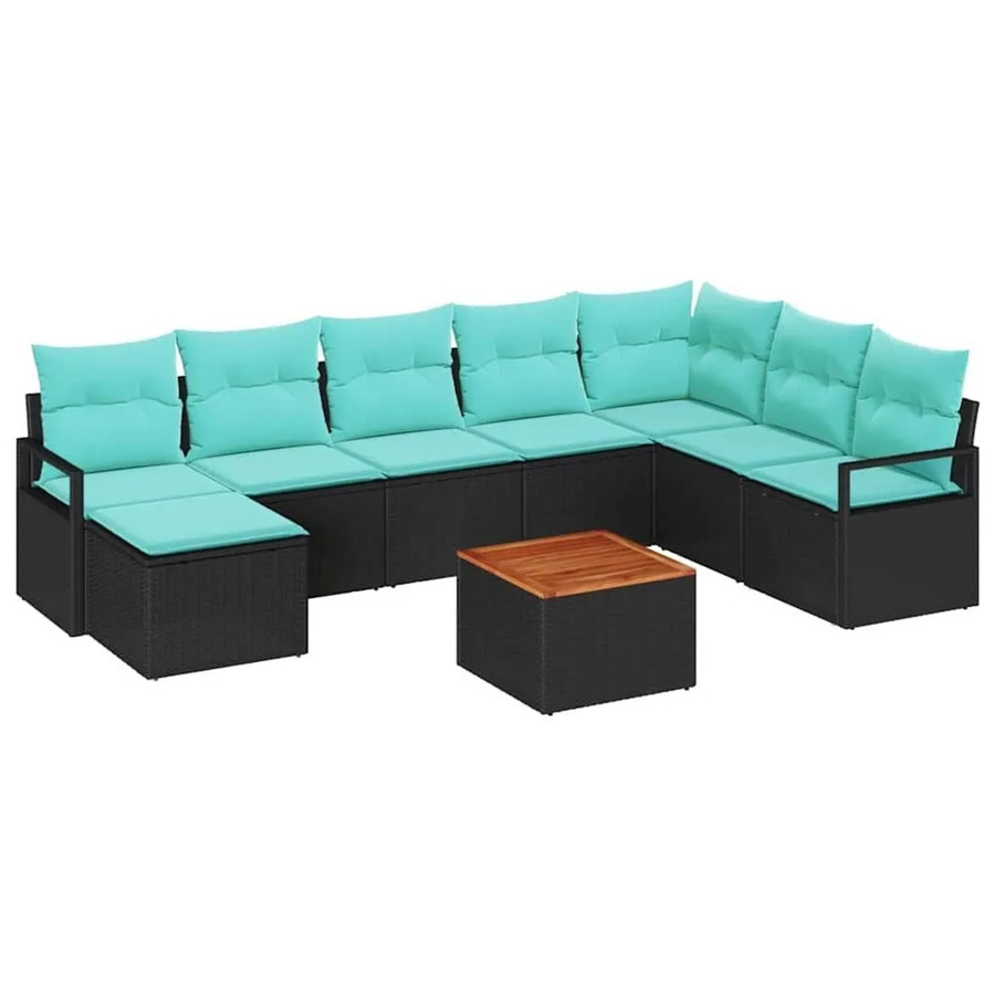 vidaXL Gartensofa-Set 9-teilig aus Poly-Rattan in Schwarz mit türkisen Kissen und wetterfestem Outdoor-Stoff für Garten und Terrasse - Bild 2
