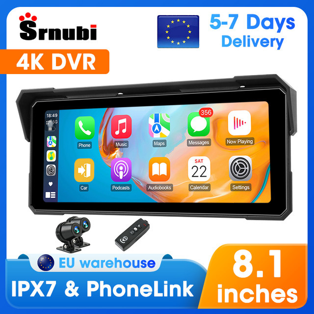 Srnubi Motorrad Navigationsgerät mit 4K DVR, 8,1 Zoll Display, WLAN, GPS, Wireless CarPlay und Android Auto, IPX7 wasserdicht, Schwarz - Bild 1