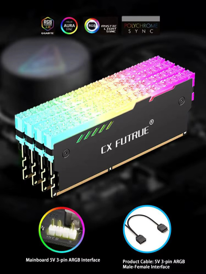CX FUTURE ARGB Speicherkühlungsweste für DDR4 und DDR5 RAM-Kühlkörper, 5V 3PIN RGB, Schwarz/Weiß - Bild 5