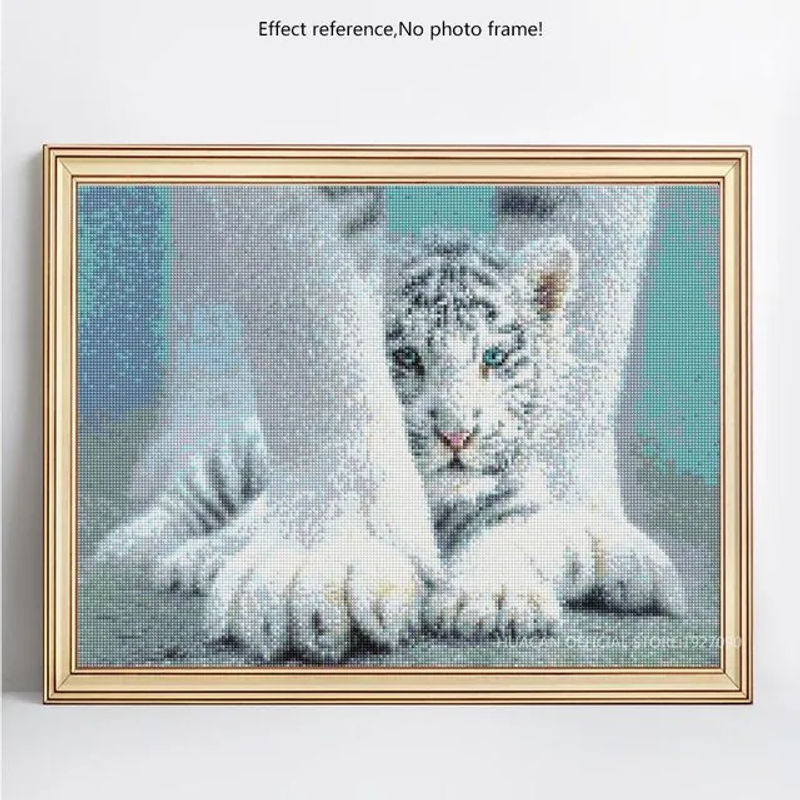 FIYO Diamond Painting 5D Set mit Katzen- und Tiger-Motiv, Stickerei mit runden Strasssteinen, Farbe: Weiß, B/H: 20 x 30 cm - Bild 1