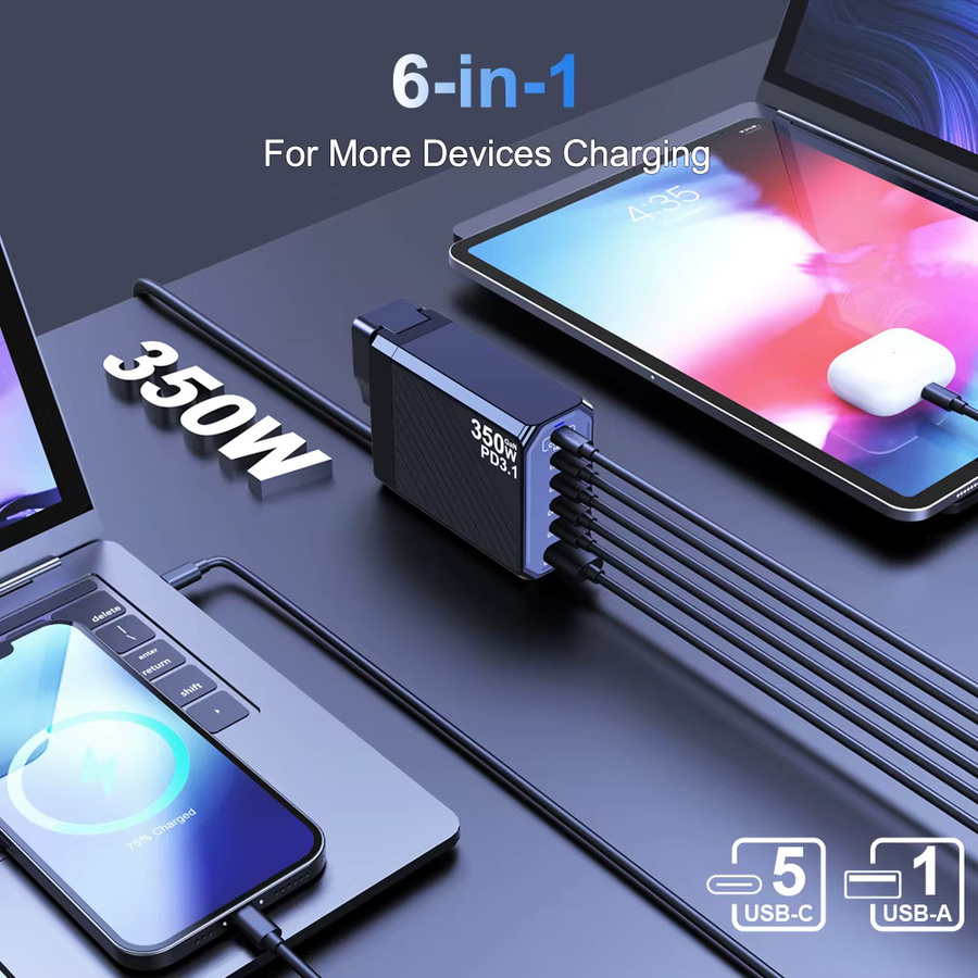UBIGBUY 350 W GaN Schnellladegerät mit 140 W PD3.1 und QC PPS USB-Ladestation in Schwarz für MacBook Pro, iPhone, Samsung, Laptop und Tablet - Bild 3