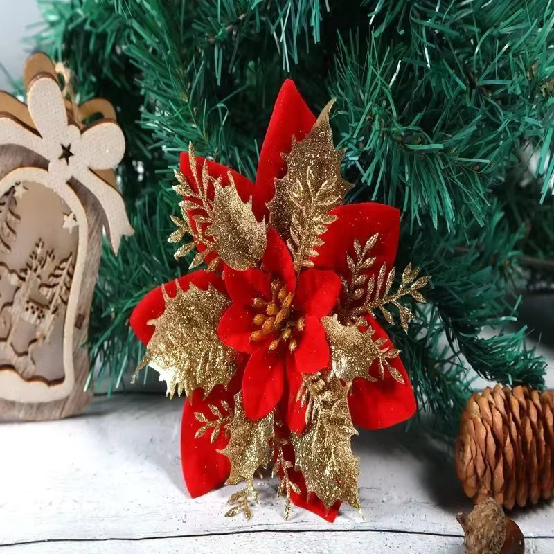 10 Stück glitzernde künstliche Weihnachtsblumen in Silber, Durchmesser: 14 cm, dekorativer Weihnachtsbaumschmuck für deine Heimdekoration - Bild 3