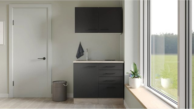 Flex-Well Miniküche Capri in Schwarz Matt mit E-Geräten, Breite: 100 cm, Höhe: 200 cm, Tiefe: 60 cm - Bild 1
