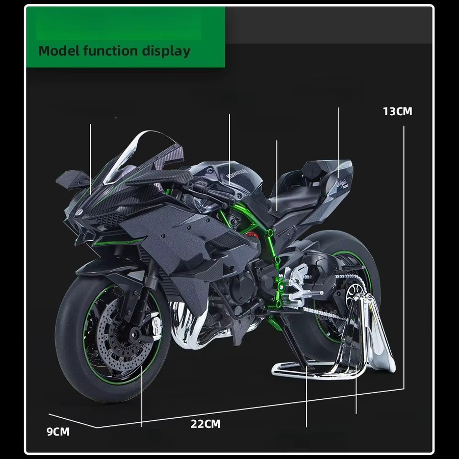 Kawasaki Ninja H2R, Motorrad Modell, 1:9, Metall, mit Licht, Schwarz - Bild 3