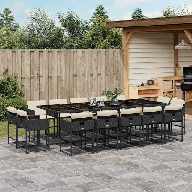 vidaXL 15-tlg. Garten-Essgruppe aus PE-Rattan mit Kissen und Hartglas, Schwarz und Cremeweiß - Bild 2