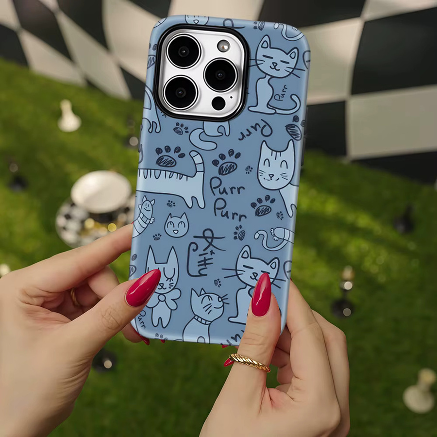 Robuste Katzen-Doodle Handyhülle für Apple iPhone 17 16 15 14 13 Pro Max Plus mit Magnetfunktion in Blau - Bild 3