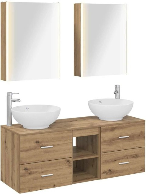 vidaXL Badezimmermöbel-Set 5-teilig in Artisan-Eiche mit Glas und LED-Beleuchtung, Braun - Bild 1