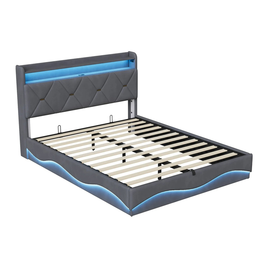 PXloue Polsterbett aus Samt mit Stauraum und LED-Beleuchtung sowie USB-Anschluss, Grau, B/T/H: 160 x 200 x 141 cm - Bild 2