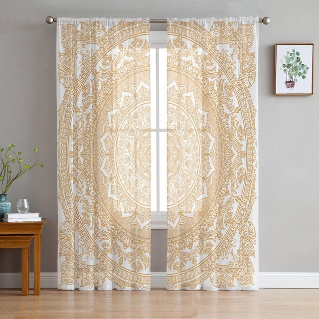 Boho-Vintage-Mandala-Blumen-Fenstervorhang von A Family Of Home Textiles aus transparentem Chiffon-Tüll in Gold, Breite: 135 cm, Höhe: 244 cm - Bild 1