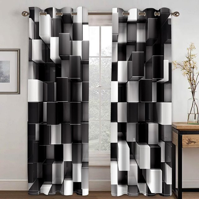 2er-Set Transparente Fenstervorhänge mit 3D Schwarzer Illusion und Psychedelischem Geometrie-Design von Your Warm Home, Farbe: Schwarz, B x H: 135 x 165 cm - Bild 1