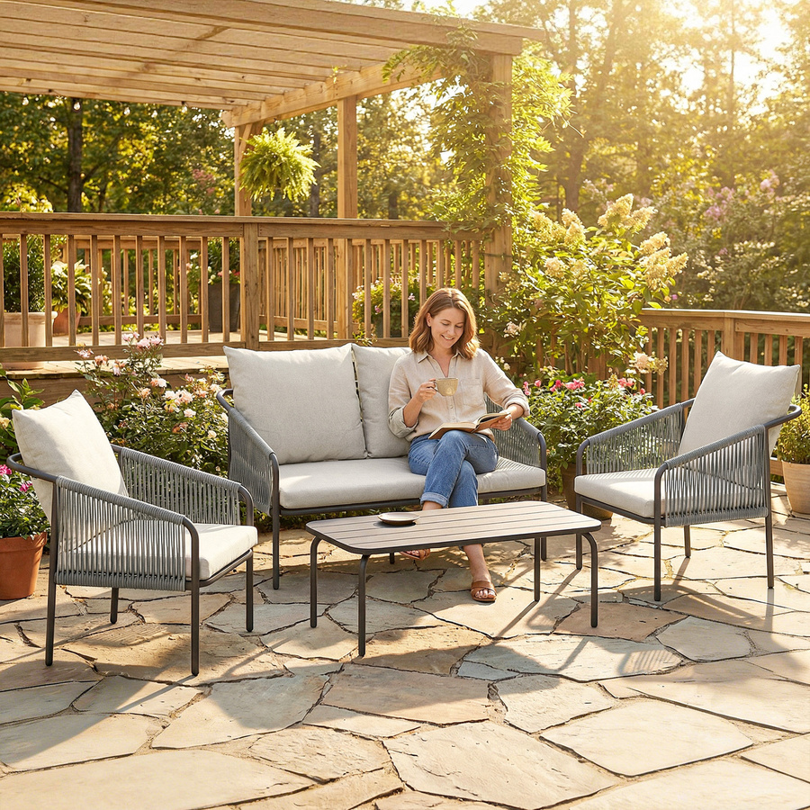 Outsunny Gartenmöbel Set 4-teilig Polyrattan Lounge-Set in Khaki mit Zweisitzer, 2 Sesseln und abnehmbarem Couchtisch sowie Kissen und Stahlrahmen - Bild 2