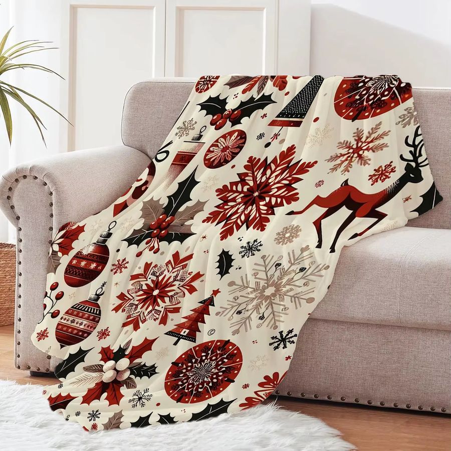 JIT Weihnachts-Flanell-Decke mit Schneeflocken und Stechpalmenmuster in Rot und Multicolor - Bild 2