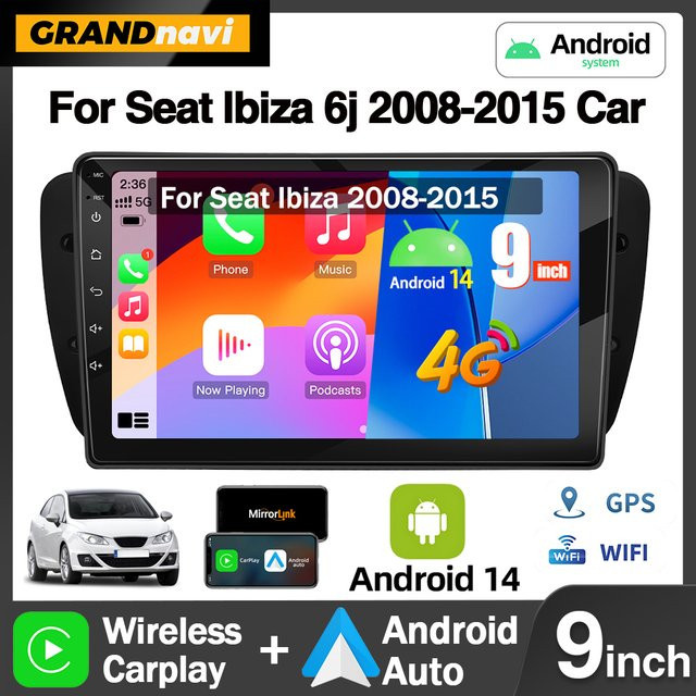Grandnavi Android 14 Multimedia Autoradio mit 9 Zoll IPS Display für SEAT Ibiza MK4 6J 2008-2015, Schwarz, inklusive GPS und drahtlosem CarPlay - Bild 1
