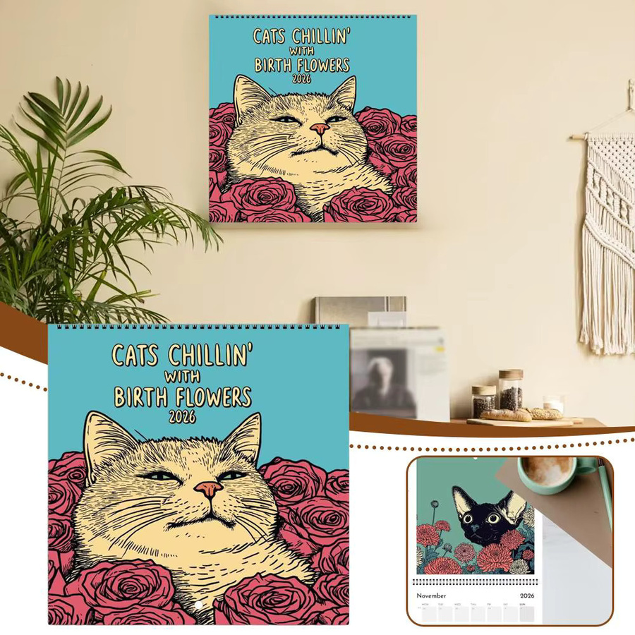 Katzen Chillin mit Kaffee Wandkalender 2026 im Ins-Stil, Monatlicher Familienplaner und Organizer in Blau und Mehrfarbig - Bild 2