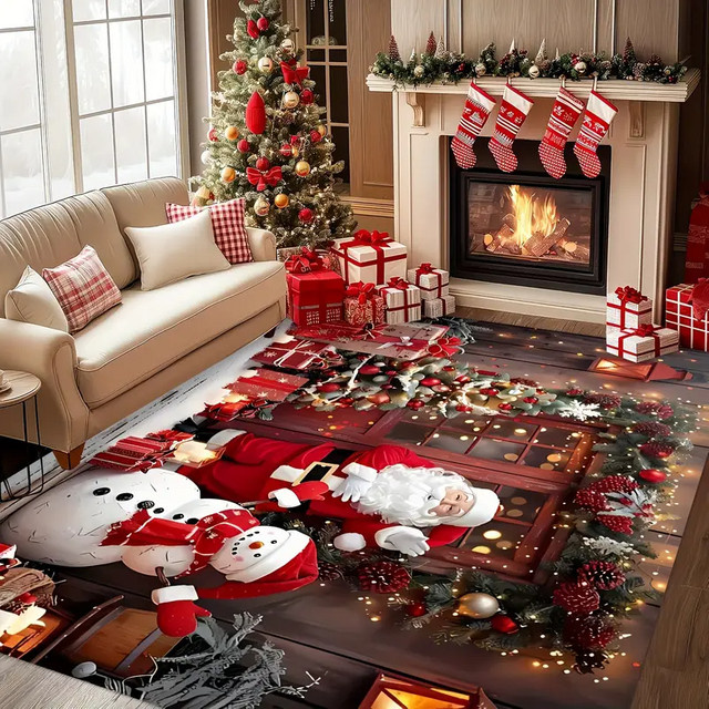 VIKAMA Weihnachts-Bodenmatte mit Weihnachtsmann und Schneemann Motiv, Mehrfarbig, Rechteckig - Bild 1