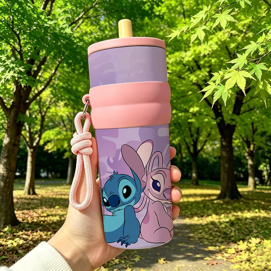 Disney Stitch & Angel Edelstahl-Thermobecher mit Strohhalm und Trageschlaufe, Rosa, 24,5 oz - Bild 3